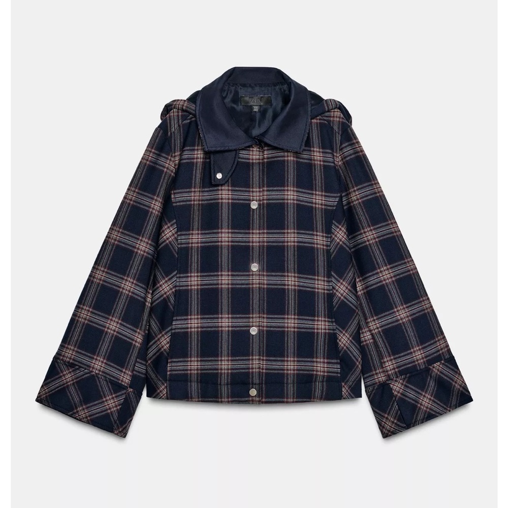 ZARA PLAID HOODED PUFFER JACKET COAT NAVY RED TRENCH FALL XS 9598/680 VIRAL